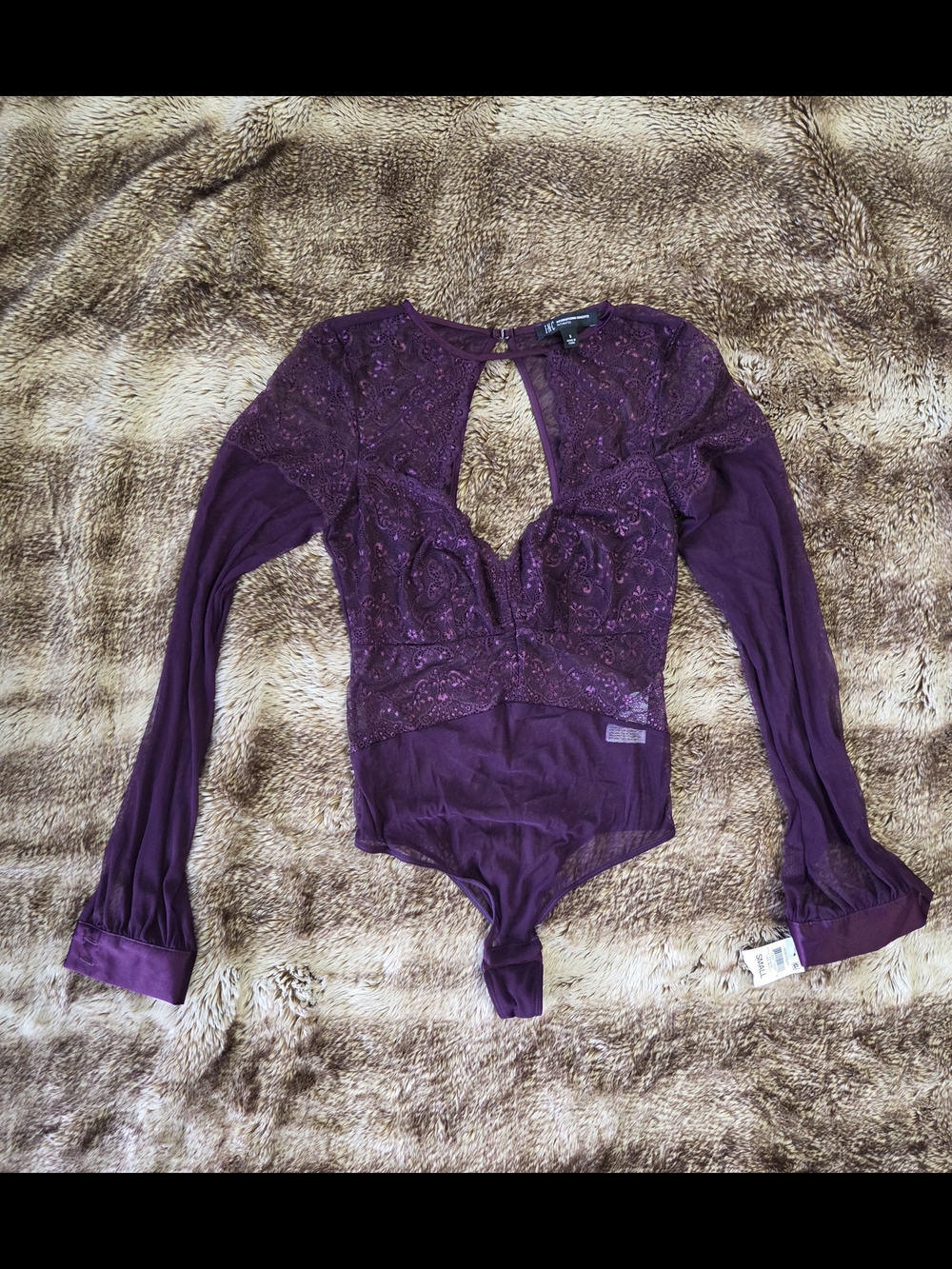 INC Purple Lace Bodysuit S Romantic Goth Fairycore Y2K Sheer Mesh Top Boho Chic